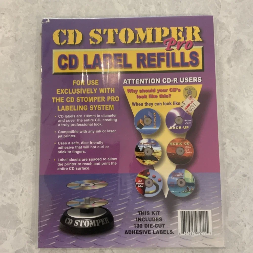 CD Stomper Pro CD Label Refills / 100 Die Cut Adhesive Labels For CD-R Users New